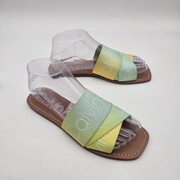 Calvin Klein Bainy Green Yellow LOGO Fabric Slides Flats Womens Sz 7 NEW - Picture 3 of 6